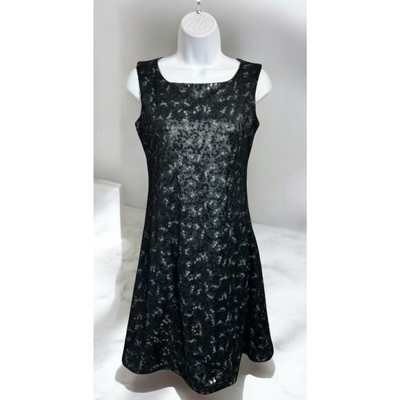 EBZA Black A-Line Dress Sz Small Mesh Floral Sequin Sleeveless Lined Knee Length - Picture 1 of 7